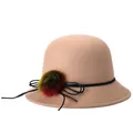 Chapeau cloche classique en laine camel avec cordon noir et pompon coloré décoratif - Taille Unique(Réglable) / Kaki