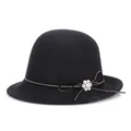 Elegant black wool felt fedora hat for women with gold bead chain and rhinestone flower - 57cm Adjustable / Black