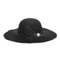 Elegant black wide brim wool hat featuring golden beaded lines and a silver crystal flower - 57cm Adjustable / Black