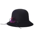 Chapeau cloche noir en laine avec pompon dégradé violet et nœud décoratif élégant - Taille Unique(Réglable) / Noir
