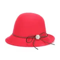 Elegant red wool cloche hat with black ribbon bow and sparkling floral crystal brooch - 57cm Adjustable / Red