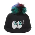 Cappello di lana nero alla moda con pompon colorati e decorazioni occhi con paillettes - 57cm / Nero