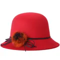 Chapeau melon rouge élégant en laine pour femme avec nœud noir et pompon en fausse fourrure - Taille Unique(Réglable) / Rouge