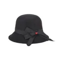 Elegant black wool cloche hat for women featuring a stylish grosgrain ribbon and red accents - 57cm Adjustable / Black