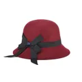Elegant burgundy wool cloche hat for women with a black ribbon bow and a narrow brim - 57cm Adjustable / Burgundy