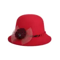 Elegant red wool felt bowler hat for women featuring a crochet flower and mesh bow detail - 57cm Adjustable / Red
