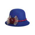 Women's vintage wool felt bucket hat in dark blue with burgundy floral accent and bow - 57cm Adjustable / Blue