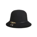 Elegant black wool cloche hat for women with golden leaf pendants and leather trim - 57cm Adjustable / Black