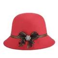 Elegant red wool cloche hat for women with black lace bow and rhinestone floral detail - 57cm Adjustable / Red