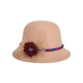 Elegant camel wool cloche hat for women with red crochet flower and mesh lace detail - 57cm Adjustable / Khaki