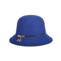 Elegant royal blue wool cloche hat for women with black band and gold leaf pendants - 57cm Adjustable / Blue