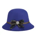 Elegant royal blue wool cloche hat for women with black lace bow and rhinestone flower - 57cm Adjustable / Blue
