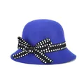 Elegante koningsblauwe wollen cloche hoed met een zwart-wit geblokte strik decoratie - 57cm (Verstelbaar) / Blauw