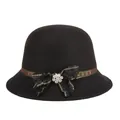 Women's black wool cloche hat with red-gold ribbon, lace bow and crystal flower - 57cm Adjustable / Black