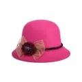 Rose pink wool felt cloche hat with deep red knit flower and elegant mesh bow - 57cm Adjustable / Rose Red