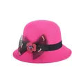 Chapeau melon élégant en laine fuchsia pour femme avec nœud en résille et perles dorées - 57cm Ajustable / Rose rouge