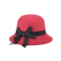 Women's bright red wool felt cloche hat with black grosgrain ribbon and a bow detail - 57cm Adjustable / Red
