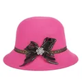 Elegant rose pink wool felt bowler hat with black lace bow and crystal flower detail - 57cm Adjustable / Rose Red