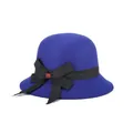Royal blue wool cloche hat for women with black ribbon bow and red accent detail - 57cm Adjustable / Blue