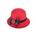 Vintage red wool felt cloche hat for women with black lace bow and flower detail - 57cm Adjustable / Red