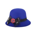 Royal blue wool cloche hat for women featuring a black mesh bow and red flower - 57cm Adjustable / Blue