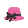 Elegant fuchsia wool felt cloche hat with a black grosgrain ribbon and bow detail - 57cm Adjustable / Rose Red