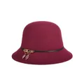 Elegant wine red wool cloche hat for women with black leather band and gold leaf charms - 57cm Adjustable / Burgundy