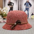 Terracotta linen bucket hat with beaded bow and rhinestone flower for women - Red / 57cm