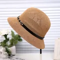 Eleganter beiger Strohhut für Damen mit schwarzem Lederband und goldener Schnalle - M(56-58cm) / Khaki
