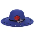 Elegant royal blue wool fedora hat featuring red rose embroidery and heart-shaped cutout brim - M (56-58cm) / Blue