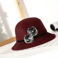 Elegant wine red wool cloche hat for women featuring velvet band and crystal pom-poms - M (56-58cm) / Burgundy