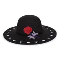 Black wool felt wide brim hat with red rose embroidery and heart-shaped hollow patterns - M (56-58cm) / Black