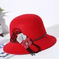 Elegant red wool cloche hat for women with fabric flower and rhinestone decoration - M / 56-58cm / Red