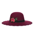 Cappello in lana rosso vino a tesa larga con ricamo floreale e bordo a onde - M(56-58cm) / Stile Falda Ondulata (Rosso Vino 2)