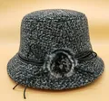 Winter tweed bucket hat for women in grey with faux fur pompom and rhinestone detail - M (56-58cm) / Gray (Bow Style)