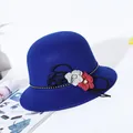 Elegant royal blue wool cloche hat for women featuring floral and rhinestone accents - M / 56-58cm / Blue