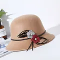 Elegant khaki wool felt cloche hat with floral rhinestone detail and black cord for autumn - M / 56-58cm / Khaki