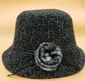 Elegant dark grey tweed bucket hat for women with bow and sparkling rhinestone fur pom - M (56-58cm) / Black (Bow Style)