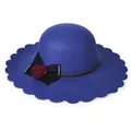 Royal blue wool fedora hat with red rose ribbon and scalloped brim for women - M (56-58cm) / Blue