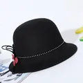 Elegant black wool cloche hat with silver beads, red flower detail, and rhinestone accents - M / 56-58cm / Black