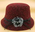 Women's warm wool cloche hat in red and black weave with pompom and rhinestone - M (56-58cm) / Wine Red (Bow Style)