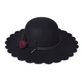 Black wool felt sun hat with scalloped brim and deep red floral bow accent - M (56-58cm) / Black