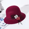 Elegant wine red wool cloche hat for women with polka dot ribbon and floral accent - M / 56-58cm / Burgundy