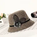 Brown wool winter bucket hat with pompom and rhinestone accents for women - M (56-58cm) / Khaki (Flower Mesh Style)