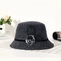 Elegant dark grey tweed bucket hat featuring black net floral and pompom detail - M (56-58cm) / Black (Flower Mesh Style)
