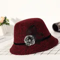 Elegant dark red knitted wool bucket hat for women with rhinestones and fur pompon - M (56-58cm) / Wine Red (Flower Mesh Style)