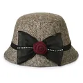 Women's autumn winter wool cloche hat in brown tweed with rhinestone bow and red rose - M (56-58cm) / Khaki