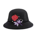 Women's black faux fur winter bucket hat with red rose embroidery and rhinestones - M (56-58cm) / Rose Embroidery With Rhinestone / Black 2