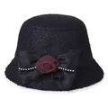 Elegant black wool cloche hat for women with satin bow and red rose detail - M (56-58cm) / Black
