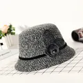 Elegant grey winter cloche hat with floral accent and black velvet ribbon trim - M (56-58cm) / Gray (Flower Mesh Style)